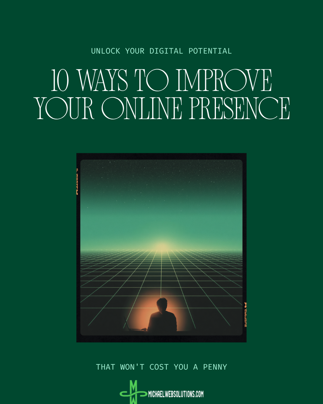 Retro VHS-style movie poster graphic promoting 10 free ways to improve your online presence